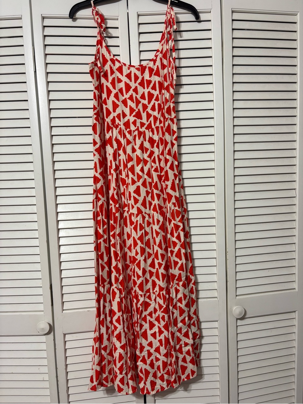 SHEIN Redish orange and White Geometric Tie-Shoulder Maxi Dress